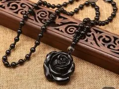 新品 黒曜石 ペンダントネックレスバラ形