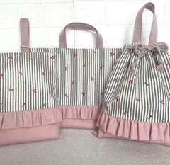 1306 レッスンバッグ　上履き入れ　体操服袋　さくらんぼ　ピンク　ハンドメイド