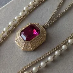 ビンテージ ネックレス ラインストーン フェイクパール ロングネックレス