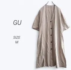 a4144▶ジーユー　半袖ワンピース　羽織り【M】Vネック　ベージュ　麻混