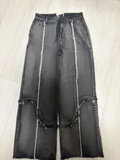 ダークグレー ワイドレッグデニム フリンジ加工