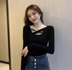 【残り2点】レディース フロントクロス カットソー セクシー ブラック 黒 韓国