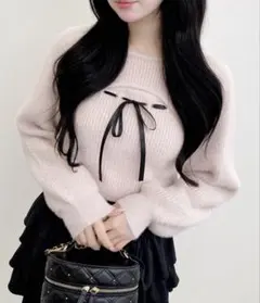 フェザーリブデコルテオープンリボンニット ピンク