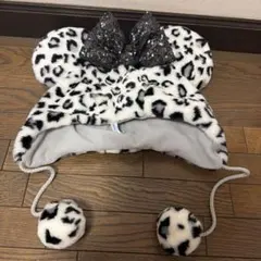 ヒョウ柄ファーキャップ 黒リボン付き