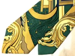 美品 HERMES PARIS ネクタイ 総柄 シルク グリーン ゴールド