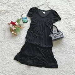 フレアワンピース 半袖 ひざ丈 バルーン裾 M きれいめ ウール混 裏地付 黒