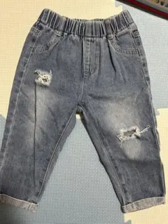 デニムブルー ダメージ加工 ロングパンツ