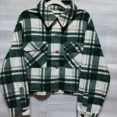 ZARA チェック柄ショート丈起毛風ジャケット　グリーン系セール中