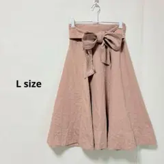 フレアスカート　L ピンク　スエード調　リボン　ミディ丈　ウエストゴム