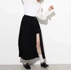 ラップ風 プリーツロングスカート ブラックのサムネイル