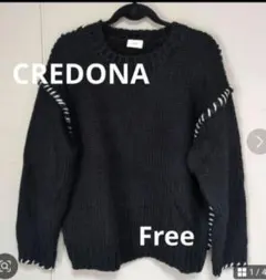 CREDONA クレドナ 黒 ニットセーター 長袖 ハンドステッチ　Free