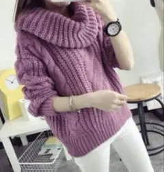 ケーブル編みタートルネックニット（パープル）