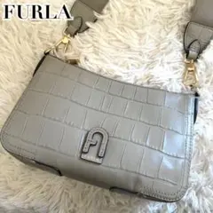 極美品✨フルラ 現行 ショルダーバッグ アテナ クロコ ロゴ レザー グレー
