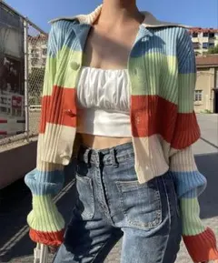 ZARA マルチカラー ボーダー リブニット カーディガン クロップド丈