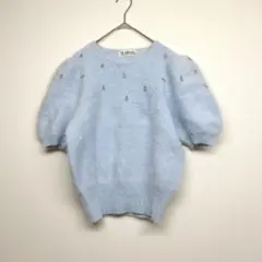 アンゴラ混　半袖ニット　刺繍　パフ袖　トップス　レディース　上品　高見え　春秋冬