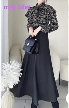 【MILY BILET】小花柄リボンタイ使いドッキングワンピース Sサイズ