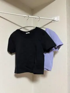 GU ブラック/パープル クロップド半袖 Tシャツ シンプル