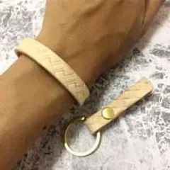 【ペアセット】ブレスレット & キーホルダー ヌメ革 バスケット柄 ナチュラル