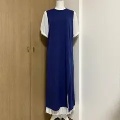 ネイビー 半袖カットソーワンピース スリット