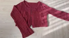 リブ編み赤ジッパーカーディガン