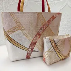 袋帯リメイクバック「露芝に橋、純金箔」古典柄バック、ミニバック2点セット