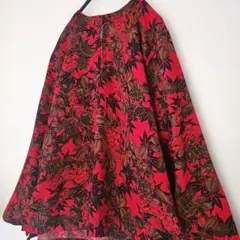 デザインブラウス　ヴィンテージ　レトロ　アンティーク　紅葉　赤　古着　シャツ