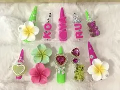 現品 キッズ ギャル ネイルチップ 蛍光ピンク×グリーン KOGYARU