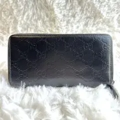 【美品】グッチ　長財布　グッチシマ　ラウンドジップ　レザー　ブラック