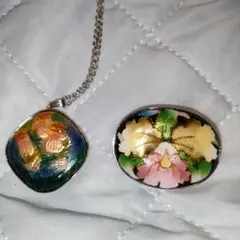 ハンドメイド 花柄エナメル ネックレス七宝焼とブローチ