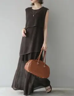 Lumier メッシュレイヤードニットトップス＆スカートSET UP/ブラウン