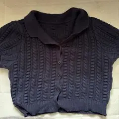ダークネイビー ケーブルニット 半袖カーディガン
