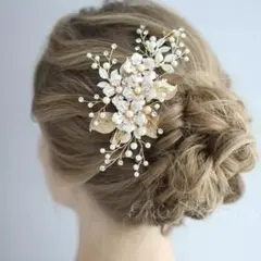 ゴールドヘッドドレスブライダルヘアアクセサリーリーフ花髪飾り結婚式ウェディングk