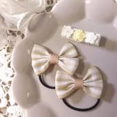 ヘアゴム クリップ チェック リボン ベージュ ベビー 赤ちゃん キッズ 子供