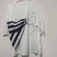 SHEIN ホワイト×ネイビー ストライプ リボン 半袖Tシャツ