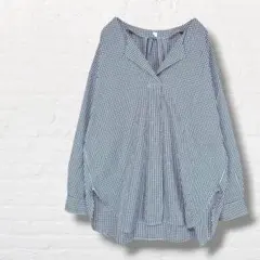 ギンガムチェック スキッパーシャツ ブラウス ゆったり【L】白 黒