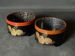 時代黒漆に極上獅子牡丹瓜蒔絵の映える小皿2点（検京塗蒔絵皿銘々皿 