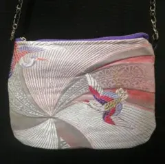 鶴模様 着物袋帯 和風 ミニショルダーバッグポーチ ピンク