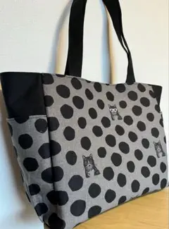ハンドメイド　トートバッグ　サイドポケット エチノ　ドットと猫