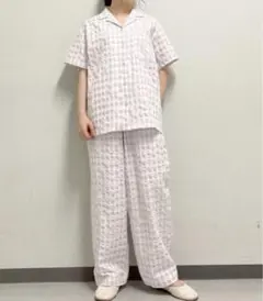 ジェラートピケ　ギンガムチェックシャツ＆ギンガムチェックロングパンツ　上下セット