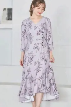 ウエストリボン付きフラワージュイプリントカシュクールワンピース　ピンクベージュ