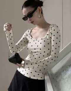 ドット柄 水玉 ロンT 長袖 Tシャツ カットソー 白黒