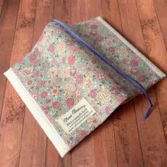四六判カバー/水色/ピンク花柄/レース付き/ブックカバー/ハンドメイド