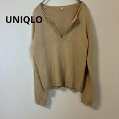 【ユニクロ】キーネックニット セーター ベージュ 透かし編み Vネック