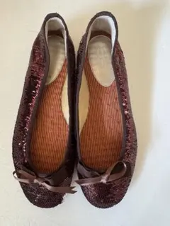 【未使用】あしながおじさん ブラウン スパンコール リボン バレエシューズ