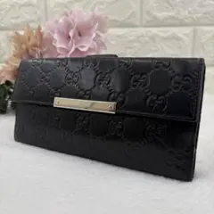 グッチ GUCCI 長財布 シマ レザー ブラック 折り財布 フラップ
