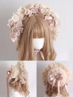 ロリータボンネット麦わら帽子レースリボン花モチーフ 森ガール