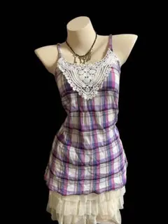 y2kピンクチェックレースキャミワンピ小悪魔ギャルフェアリーグランジバレエコア