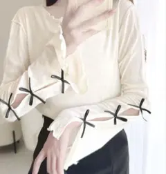 miry bilet 袖リボンスラブシアージャガードプルオーバー