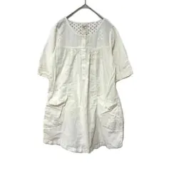 2590 サニークラウズ フェリシモ 麻 5分袖 ひざ丈ワンピース Mのサムネイル
