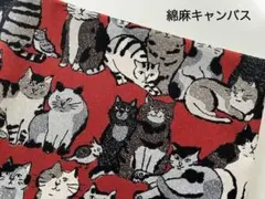 1.1m　ネコ　猫　ボーダー　コッカ　綿麻キャンバス　生地　赤茶　1D